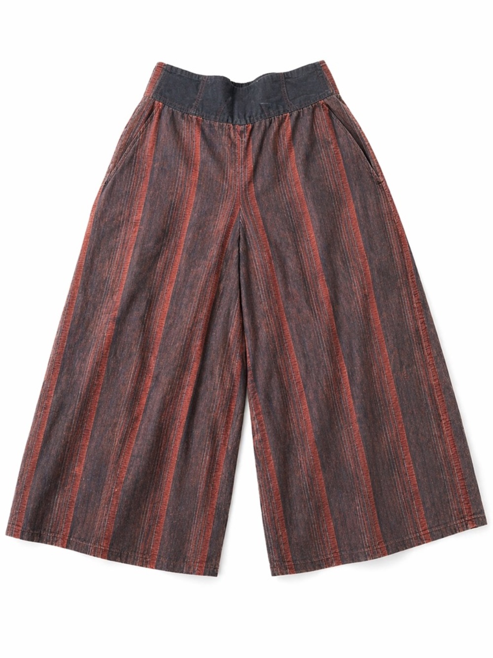 Boho Wide Leg Culotte Pants Hand Made Striped Cotton High Waist Flowy OS